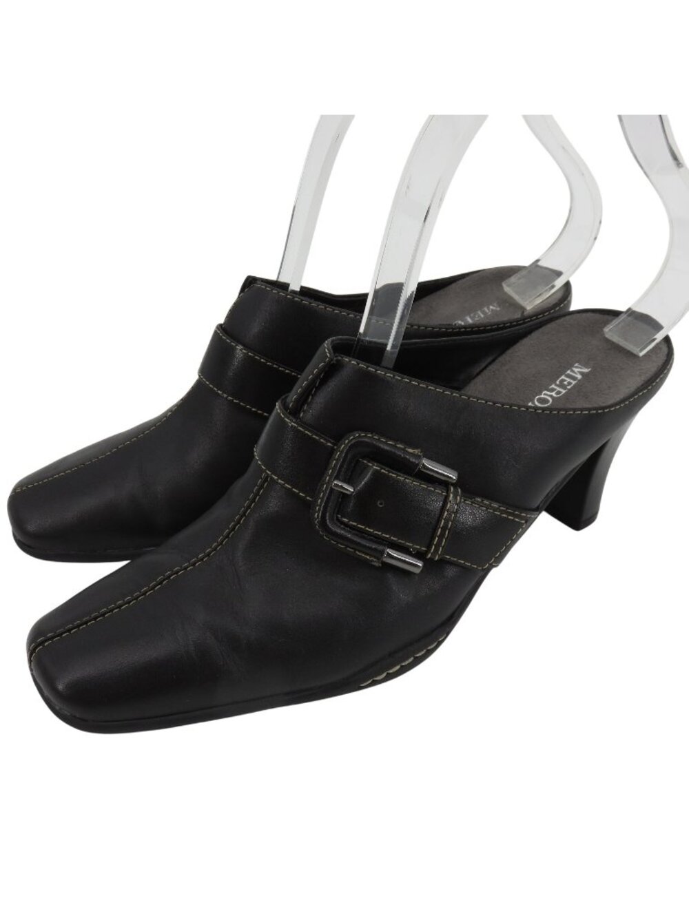 VTG Merona Women 8 Black Leather Buckle Accent Slip On Heel Mules Stitching Y2K
